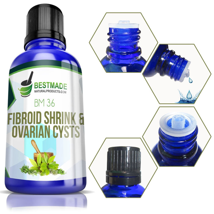Product Image Showing Bottle and Dropper for Double Pack Fibroid Shrink &amp; Ovarian Cysts Remedy BM36