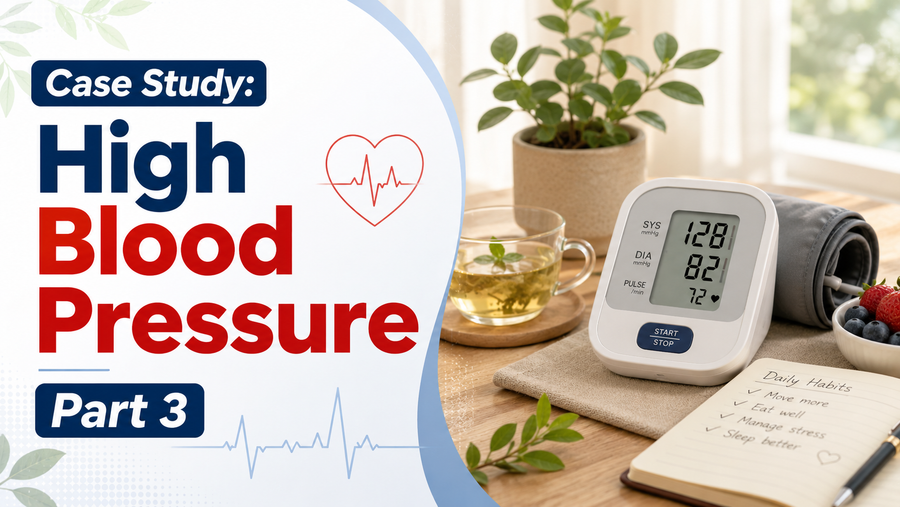 Close-up of a blood pressure monitor displaying a reading, with a notebook and pen nearby, suggesting a case-study discussion on managing hypertension