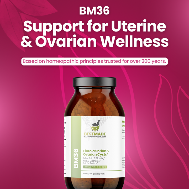 Fibroid Shrink &amp; Ovarian Cysts Remedy (BM36) - Balance Estrogen Levels and Prevent Regrowth, Support for Menstrual Pain and Painful Intercourse | Homeopathic Combination Formula, 2230 Pellets (Big Jar)