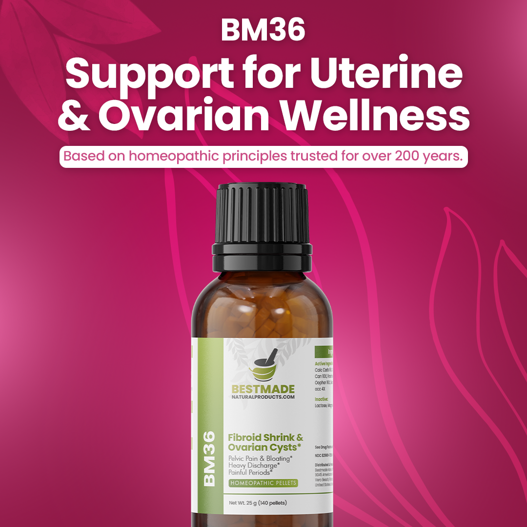 Fibroid Shrink &amp; Ovarian Cysts Remedy (BM36) - Balance Estrogen Levels and Prevent Regrowth, Support for Menstrual Pain and Painful Intercourse | Homeopathic Combination Formula, 140 Pellets