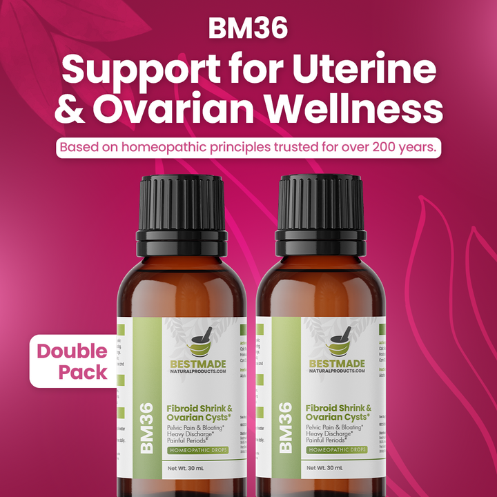 Fibroid Shrink &amp; Ovarian Cysts Remedy (BM36) - Balance Estrogen Levels and Prevent Regrowth, Support for Menstrual Pain and Painful Intercourse | Homeopathic Combination Formula, 2 Bottles, 30mL Each