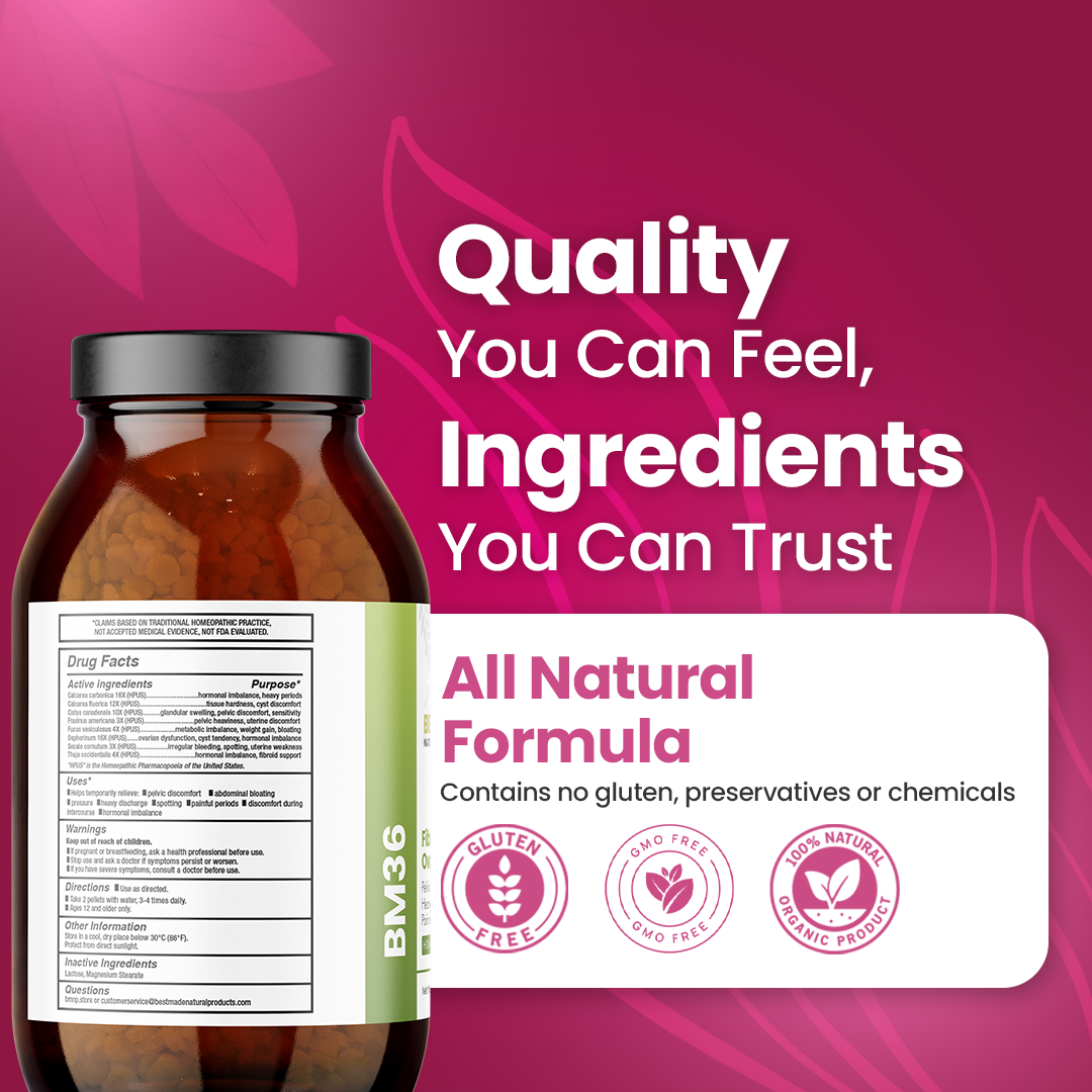 Fibroid Shrink &amp; Ovarian Cysts Remedy (BM36) - Balance Estrogen Levels and Prevent Regrowth, Support for Menstrual Pain and Painful Intercourse | Homeopathic Combination Formula, 2230 Pellets (Big Jar)