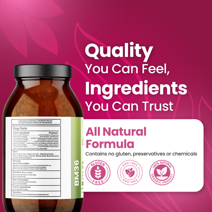 Fibroid Shrink &amp; Ovarian Cysts Remedy (BM36) - Balance Estrogen Levels and Prevent Regrowth, Support for Menstrual Pain and Painful Intercourse | Homeopathic Combination Formula, 2230 Pellets (Big Jar)
