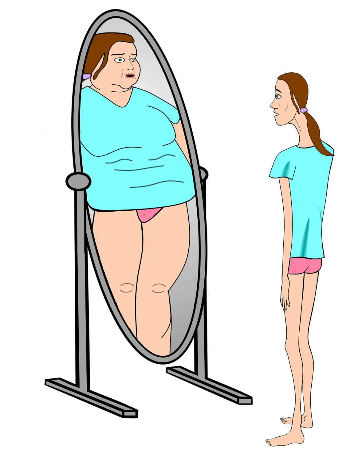 graphic representation of a woman with anorexia looking in the mirror where she sees herself as fatter