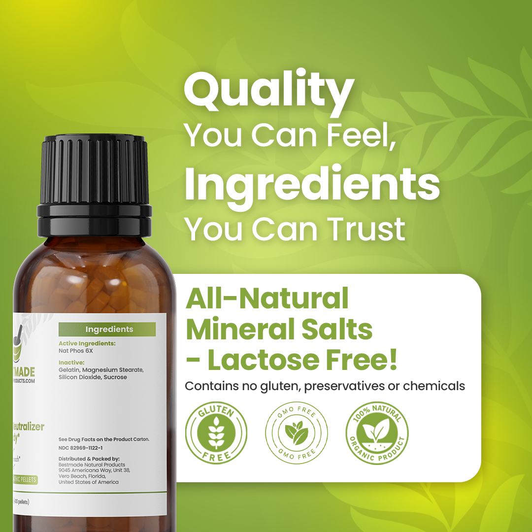 Nat Phos 6x (Natrum Phosphoricum) Vegan &amp; Lactose-free Cell Salt - Acid Neutralizer Remedy | 400 Pellets