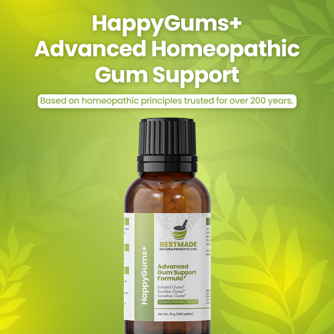 HappyGums+ Advanced Gum Support Formula, Homeopathic Pellets for Gum Irritation, Swollen &amp; Sensitive Gums, 400 Pellets