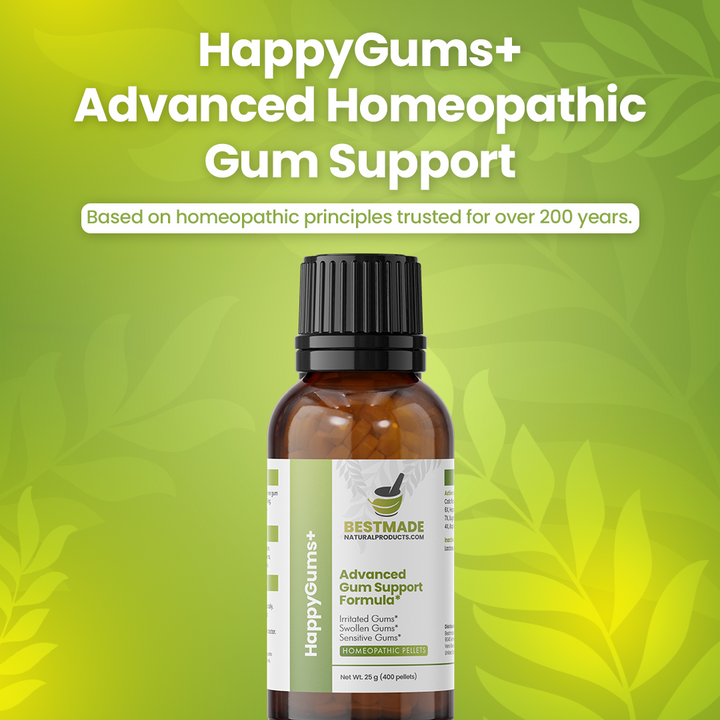 HappyGums+ Advanced Gum Support Formula, Homeopathic Pellets for Gum Irritation, Swollen &amp; Sensitive Gums, 400 Pellets