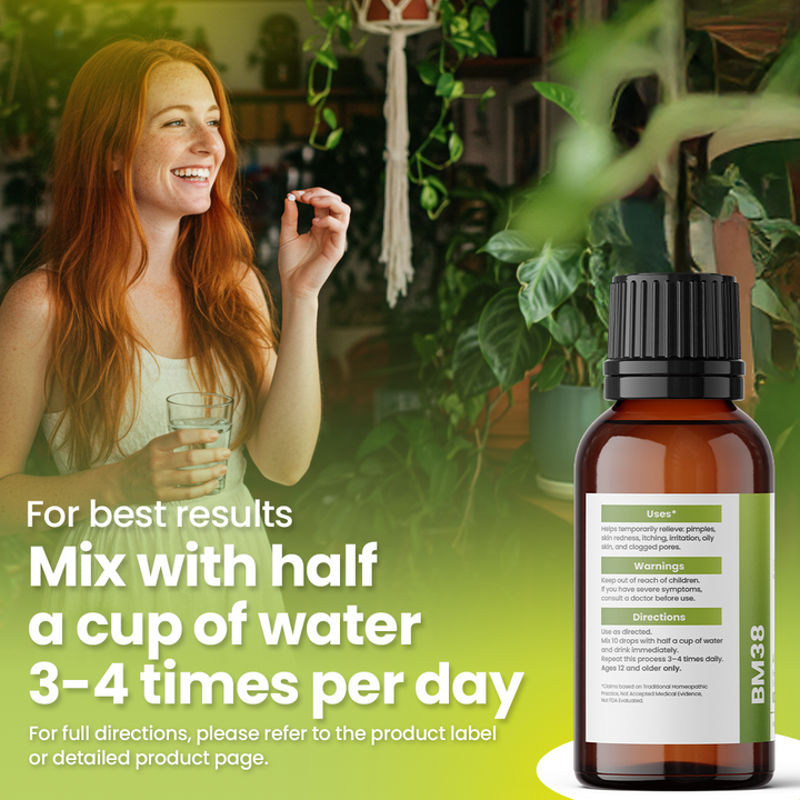 Acne Scarring &amp; Pimples Solution (BM38) - Acne, Recurring Pimples, Scars| Homeopathic Combination Remedy, Non-Toxic, Natural, 30 mL Drops