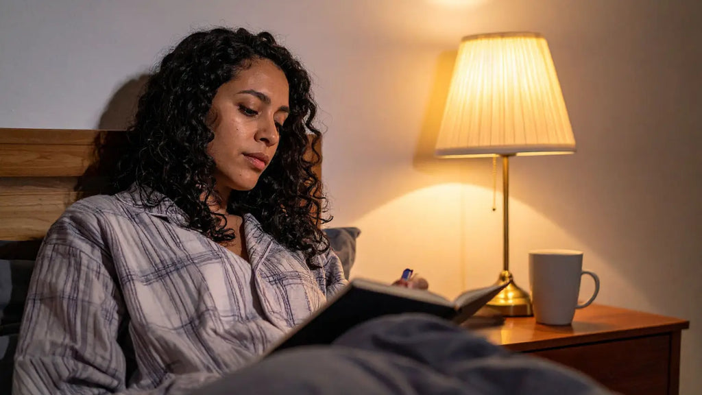Woman reading book while in bed