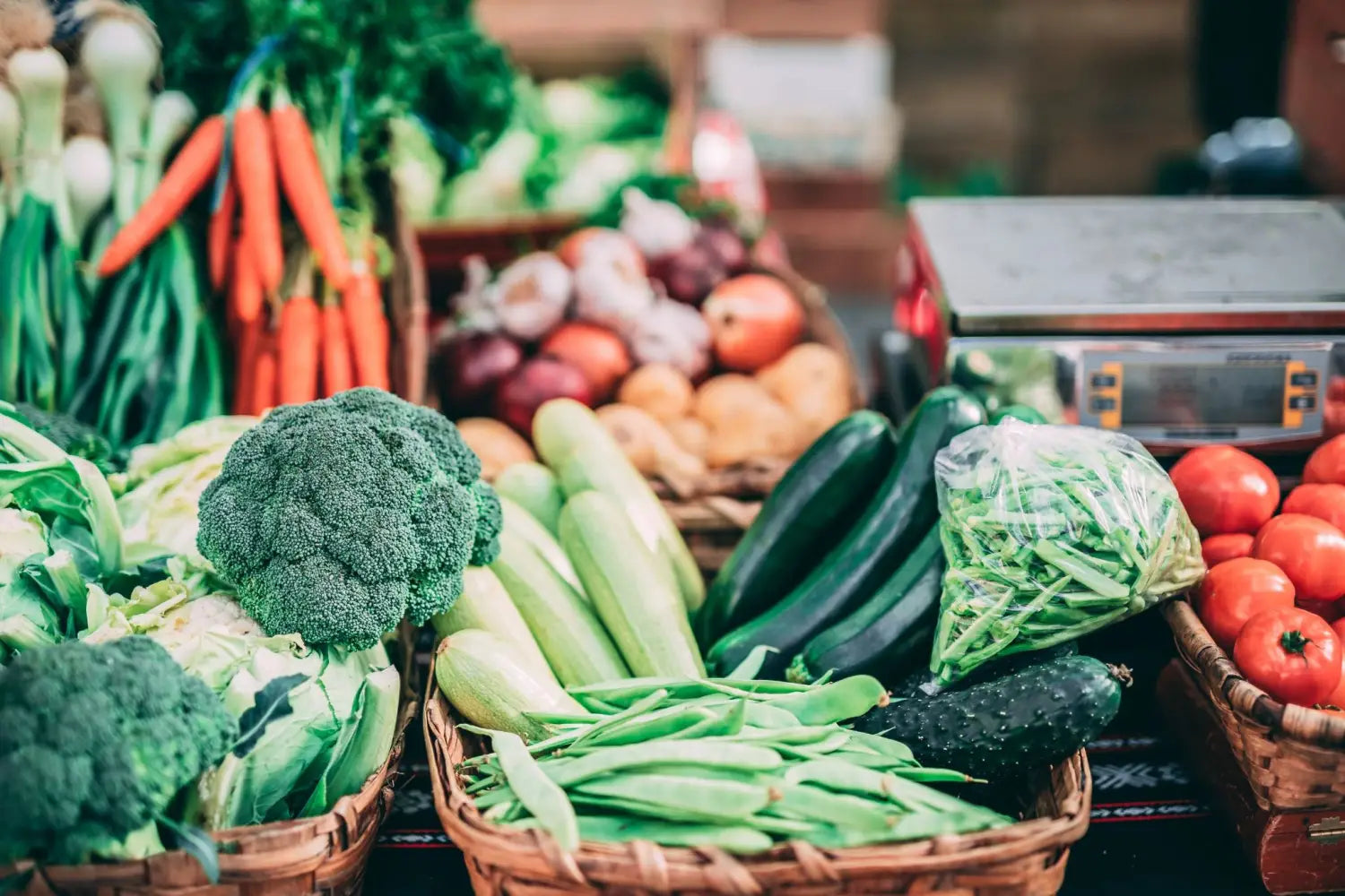 Baskets filled with vegetables.