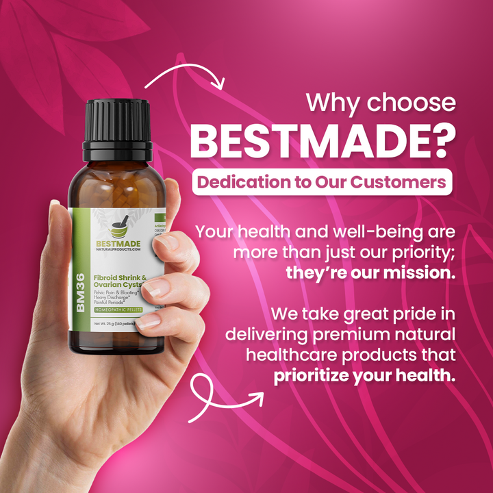 Fibroid Shrink &amp; Ovarian Cysts Remedy (BM36) - Balance Estrogen Levels and Prevent Regrowth, Support for Menstrual Pain and Painful Intercourse | Homeopathic Combination Formula, 140 Pellets