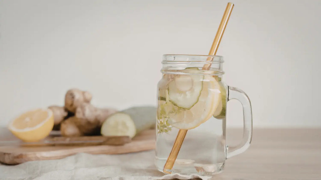 Glass of water with lemon slices and ginger