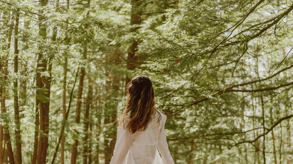 Woman spending time in forest, forest bathing