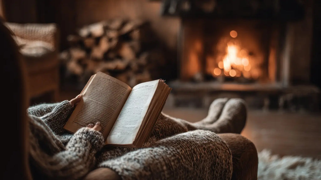 Woman reading book by the fireplace