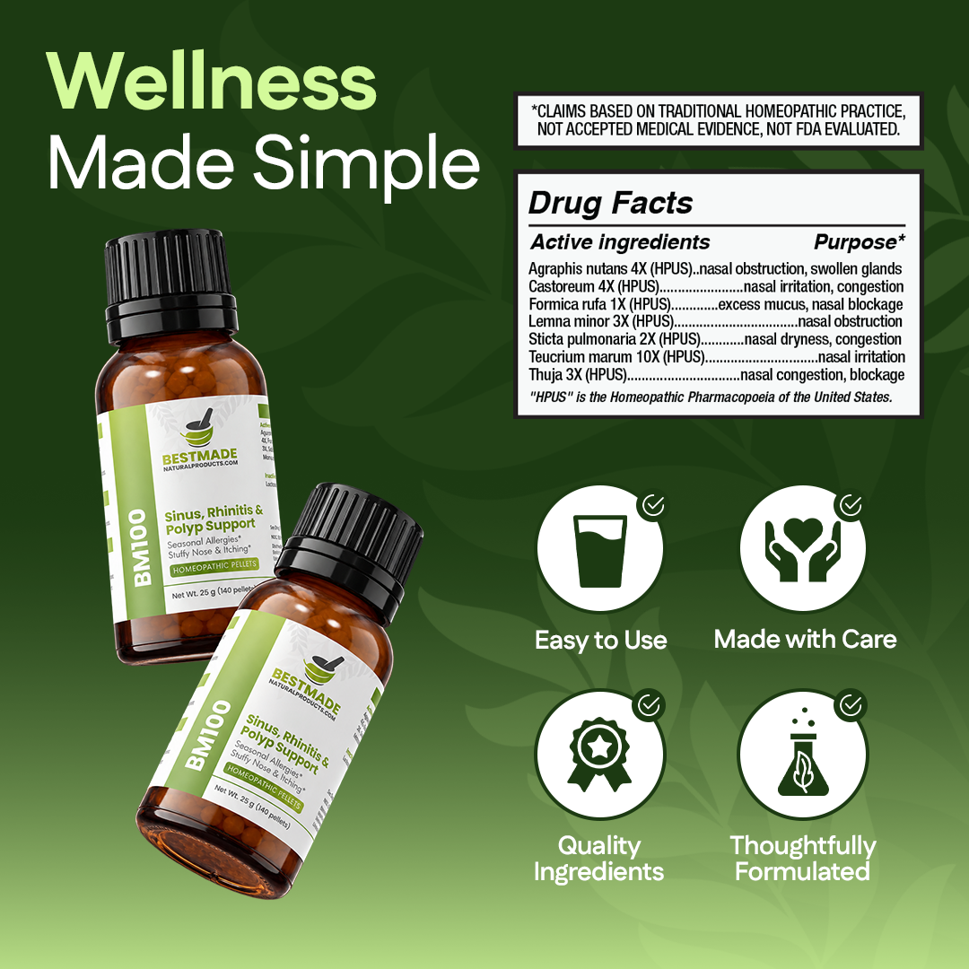 Sinus Pain, Rhinitis and Polyp Support (BM100) - Nasal Discomfort, Runny Nose, Sneezing, Itching, Seasonal Allergies | Homeopathic Combination Remedy, Non-Toxic, Natural, 30mL Drops