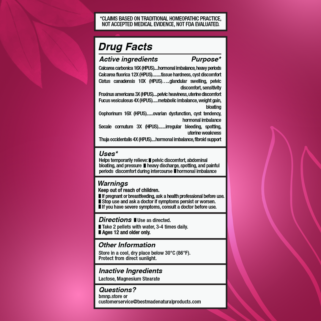 Fibroid Shrink &amp; Ovarian Cysts Remedy (BM36) - Balance Estrogen Levels and Prevent Regrowth, Support for Menstrual Pain and Painful Intercourse | Homeopathic Combination Formula, 140 Pellets