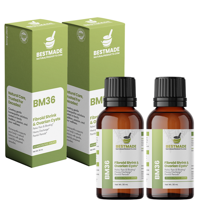 Fibroid Shrink &amp; Ovarian Cysts Remedy (BM36) - Balance Estrogen Levels and Prevent Regrowth, Support for Menstrual Pain and Painful Intercourse | Homeopathic Combination Formula, 2 Bottles, 30mL Each