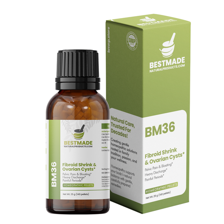 Fibroid Shrink &amp; Ovarian Cysts Remedy (BM36) - Balance Estrogen Levels and Prevent Regrowth, Support for Menstrual Pain and Painful Intercourse | Homeopathic Combination Formula, 140 Pellets
