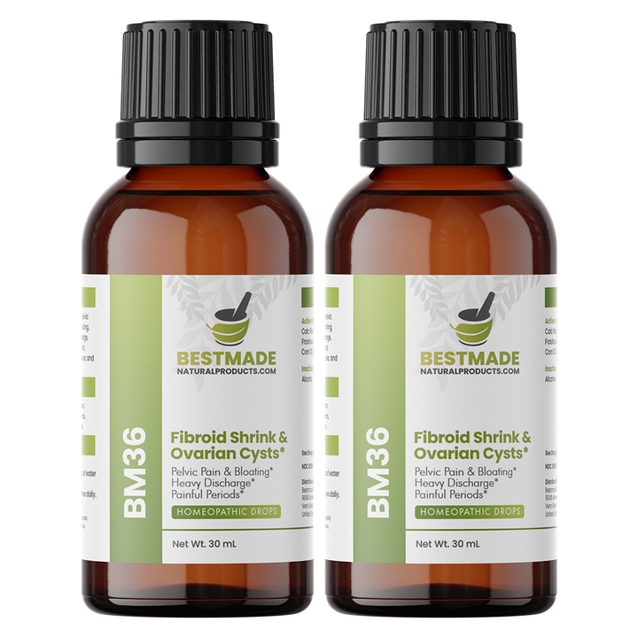 Fibroid Shrink &amp; Ovarian Cysts Remedy (BM36) - Balance Estrogen Levels and Prevent Regrowth, Support for Menstrual Pain and Painful Intercourse | Homeopathic Combination Formula, 2 Bottles, 30mL Each