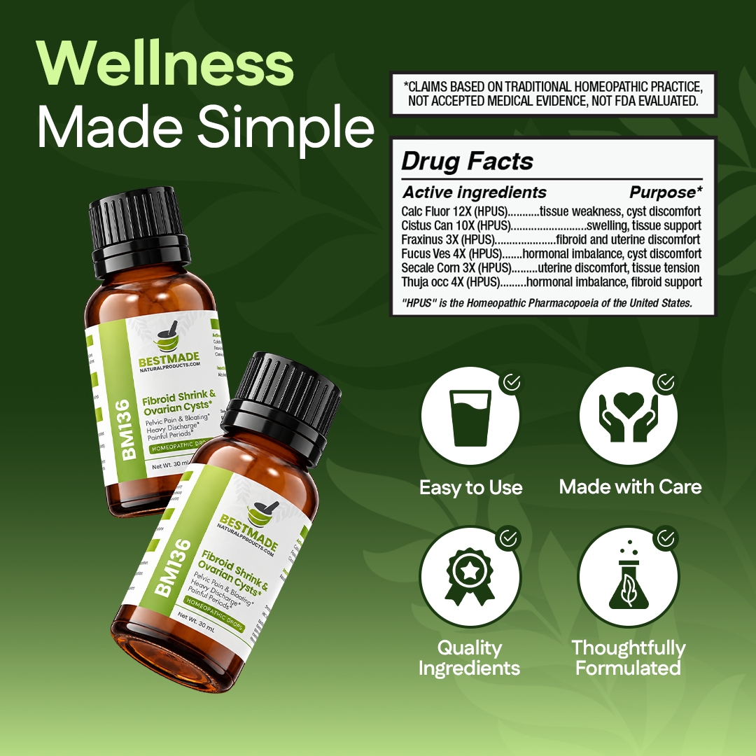 Fibroid Shrink & Ovarian Cysts Remedy (BM36) - Balance Estrogen Levels and Prevent Regrowth, Support for Menstrual Pain and Painful Intercourse | Homeopathic Combination Formula, 30mL Drops