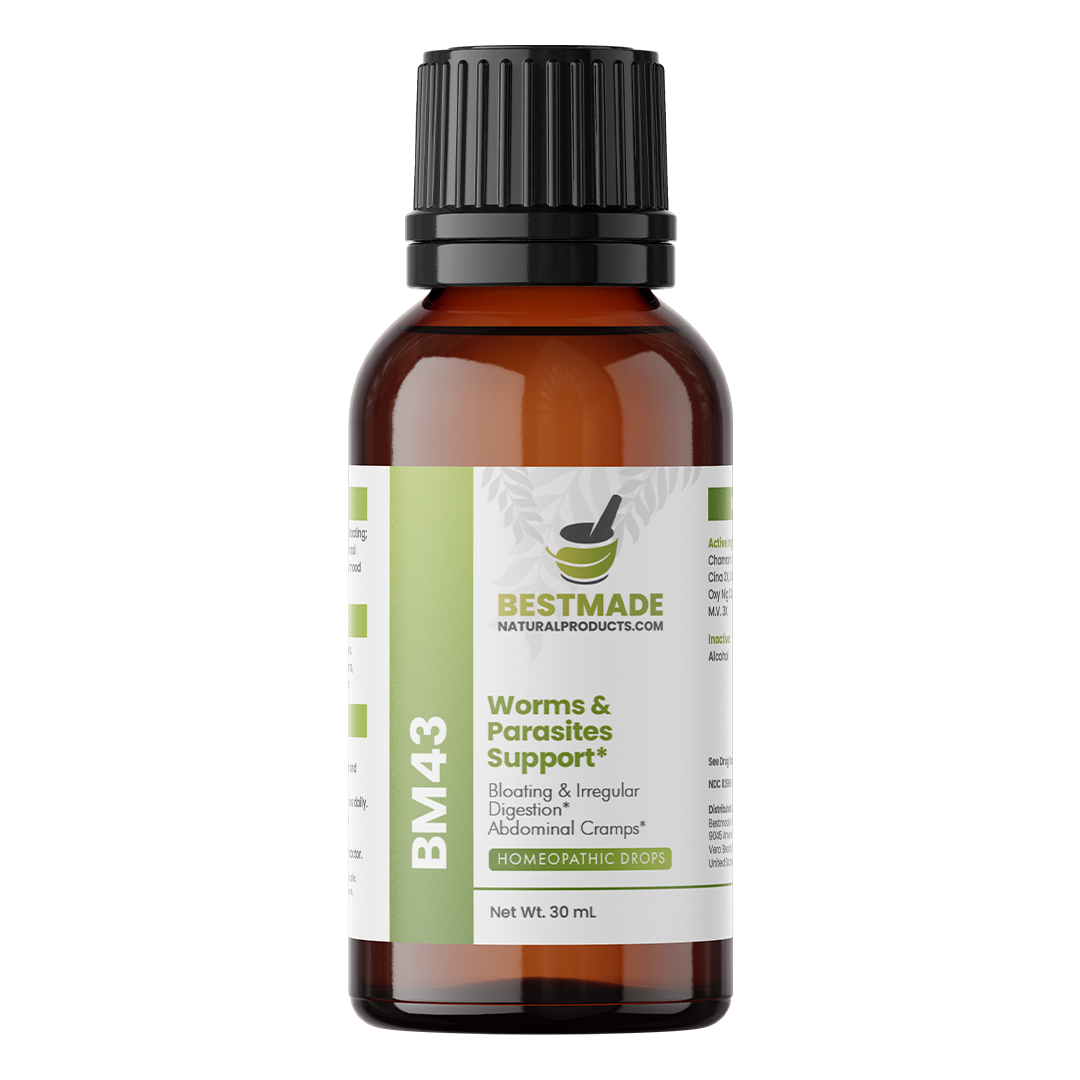 Worms &amp; Parasites Remedy (BM43) - For Digestive Health, Detox, and Overall Wellness, 30-Day  Parasite Cleanse | Homeopathic Combination Remedy, Non-Toxic, Natural, 30 mL Drops