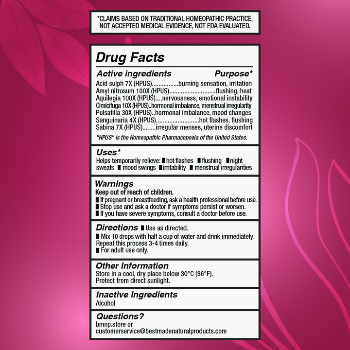 Menopause Symptoms Support (BM98) - Hot Flashes, Night Sweats, Mood Swings, Low Energy | Homeopathic Combination Remedy, Non-Toxic, Natural, 30 mL Drops