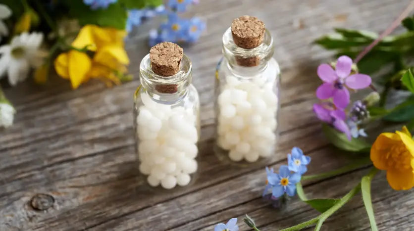 Glass bottles of homeopathic remedies