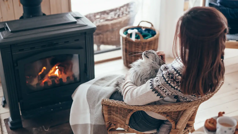 Woman sitting next to fireplace petting a cat