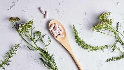 Natural supplements on wooden spoon and herbs