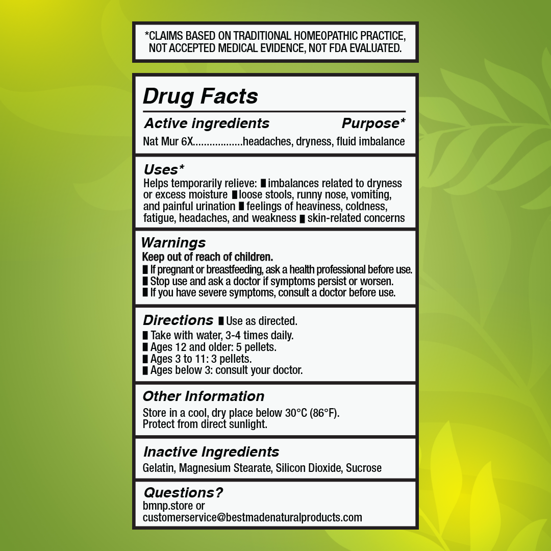 Nat Mur 6x (Natrum Muriaticum) Vegan &amp; Lactose-free Cell Salt - Fluid Regulation Remedy | 400 Pellets