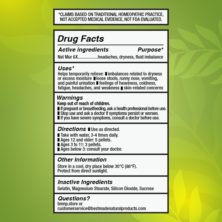 Nat Mur 6x (Natrum Muriaticum) Vegan &amp; Lactose-free Cell Salt - Fluid Regulation Remedy | 400 Pellets