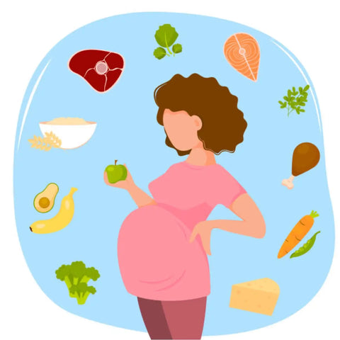 Illustration of pregnant woman with healthy foods around her