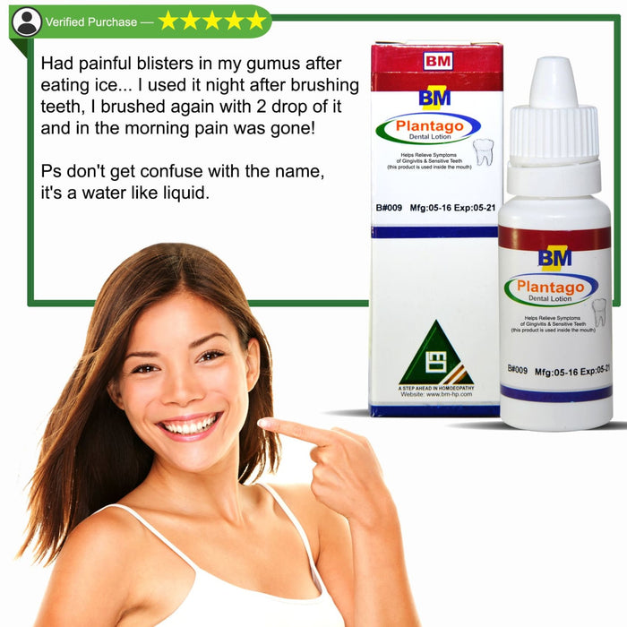 5 star Review of Product image with young woman smiling for Plantago Dental Oral Care Natural Remedy 15mL