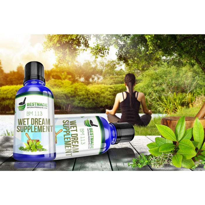 A lifestyle image of a woman relaxing in nature with product shot for Wet Dream Natural Remedy &amp; Relief (BM113)