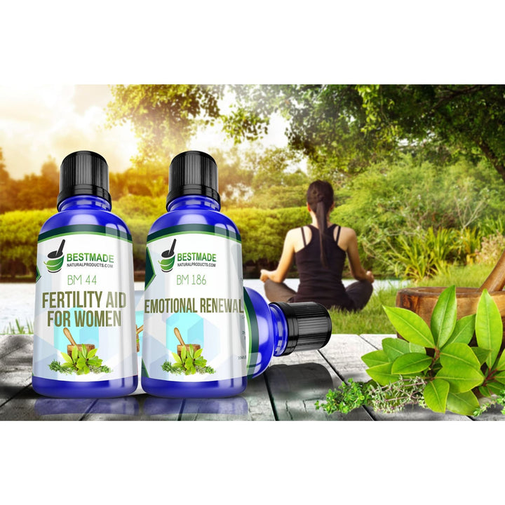 A lifestyle image of a woman relaxing in nature with product shot forAll Natural Fertility Formula for Women