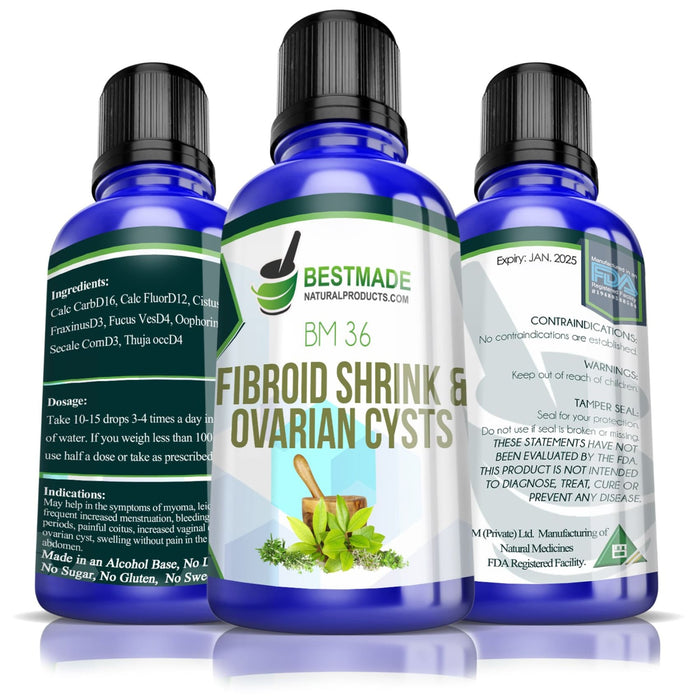 Product Image Showing All Labels for Double Pack Fibroid Shrink &amp; Ovarian Cysts Remedy BM36