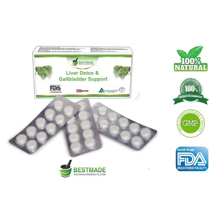 Product image front of box showing all natural ingredients stickers around it for Highly Concentrated Liver Detoxification Remedy