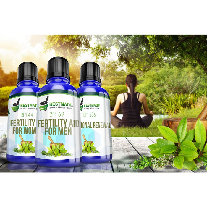 A lifestyle image of a woman relaxing in nature with product shot for Natural Fertility Kit Formula for Couples