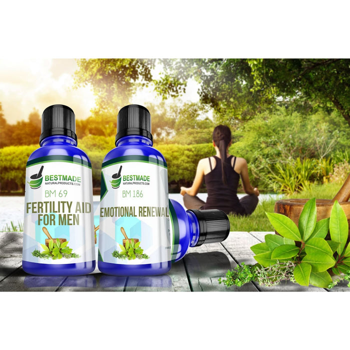 A lifestyle image of a woman relaxing in nature with product shot for Natural Fertility Kit Supplement Formula for Men